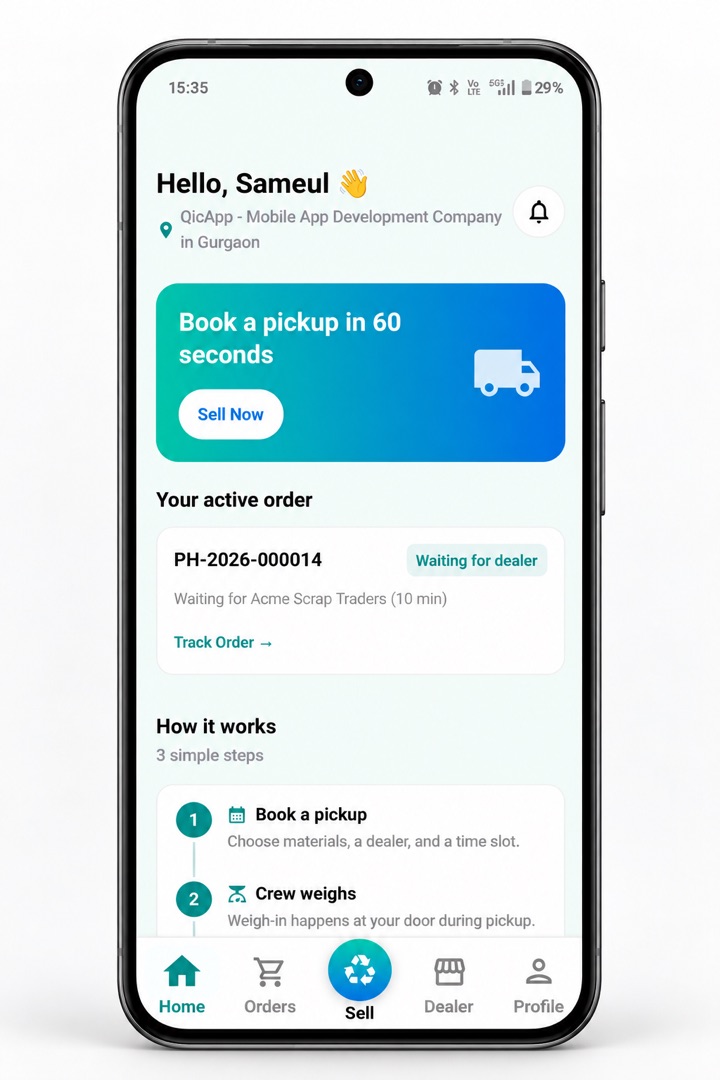 QuiEco app home screen with a Book a pickup banner, Sell Now button and the active order card