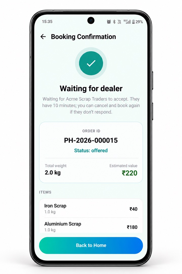 Booking Confirmation screen showing order ID, total weight 2.0 kg and estimated value ₹220