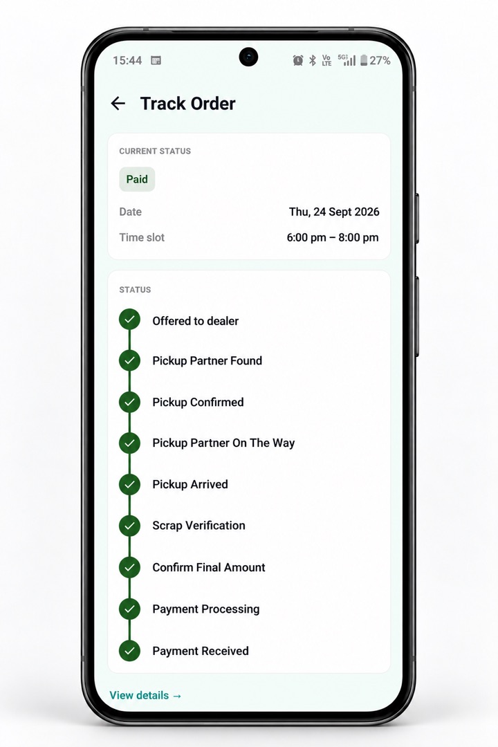 Track Order screen with every stage checked, from offered to dealer through to payment received