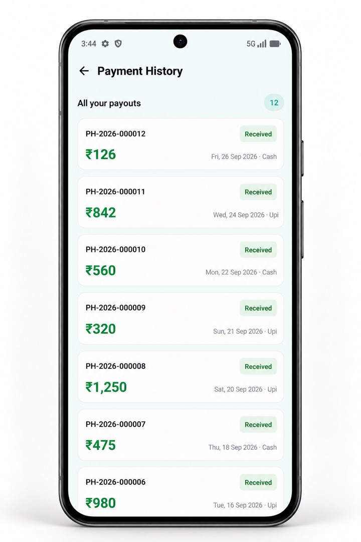 Payment History screen listing received payouts by cash and UPI