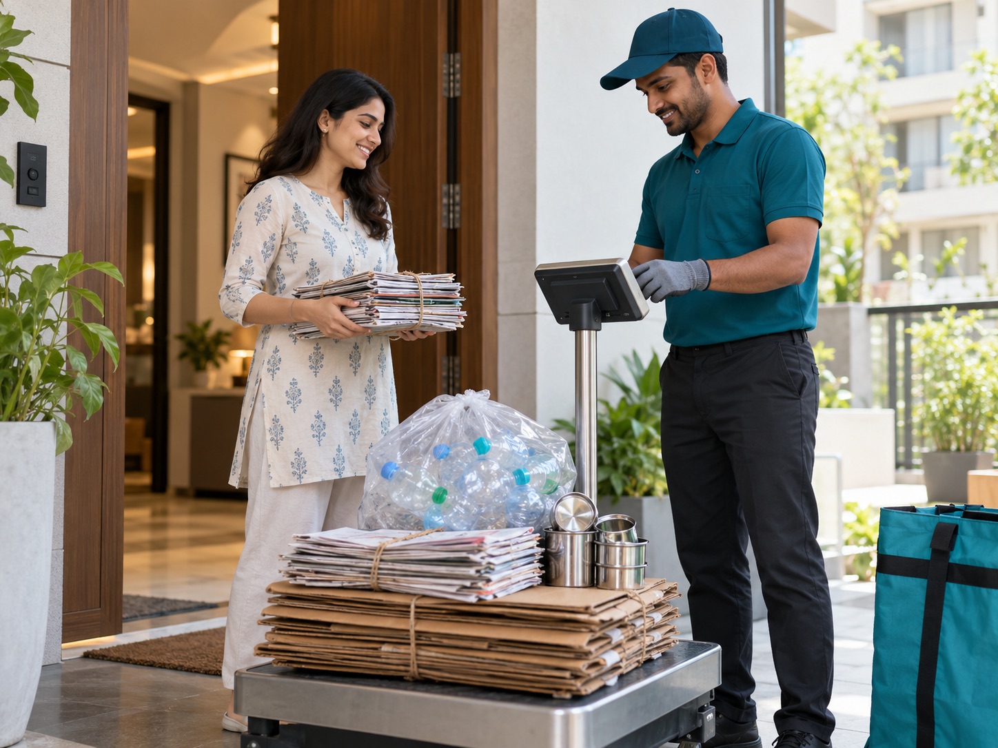 QuiEco crew member weighing a customer's sorted paper, plastic and metal scrap on a digital scale at her front door