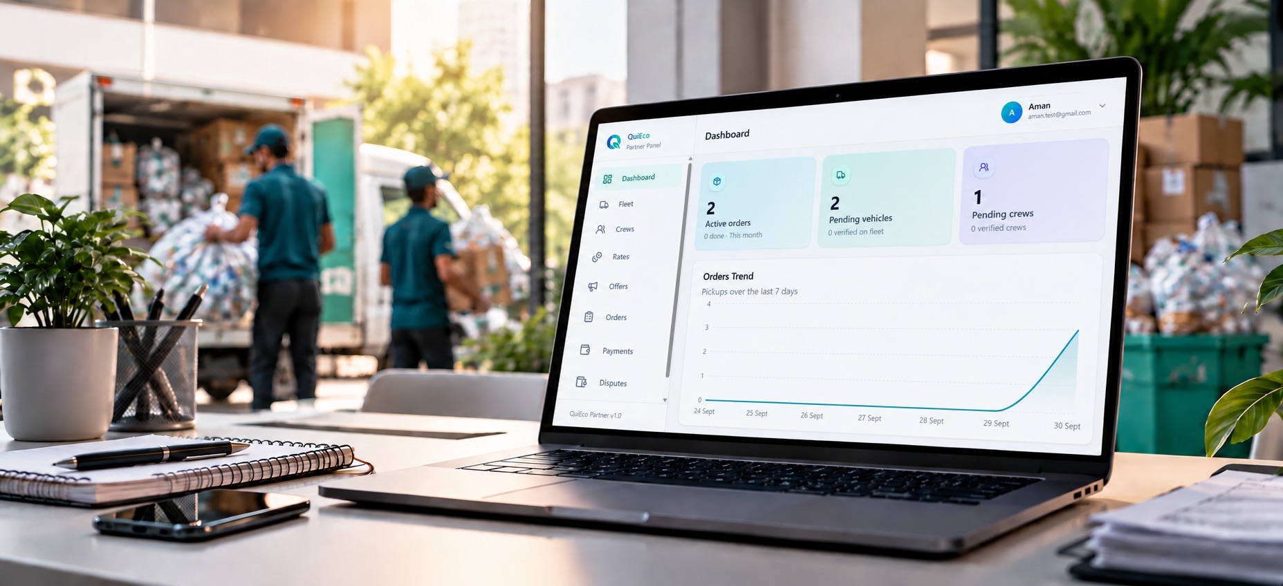 QuiEco Partner Hub on a laptop showing pickup requests, crew and vehicles, and earnings, with crew loading a vehicle behind